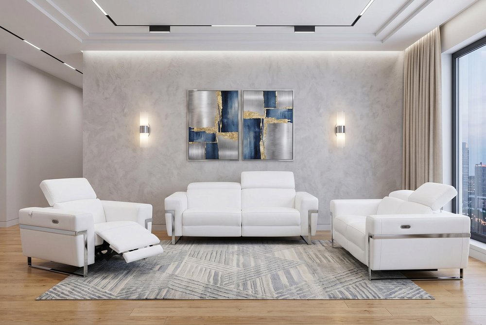 Three Piece White Italian Leather Six Person Seating Set