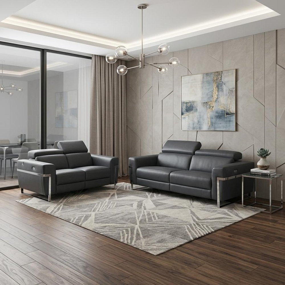 Two Piece Indoor Dark Gray Italian Leather Five Person Seating Set
