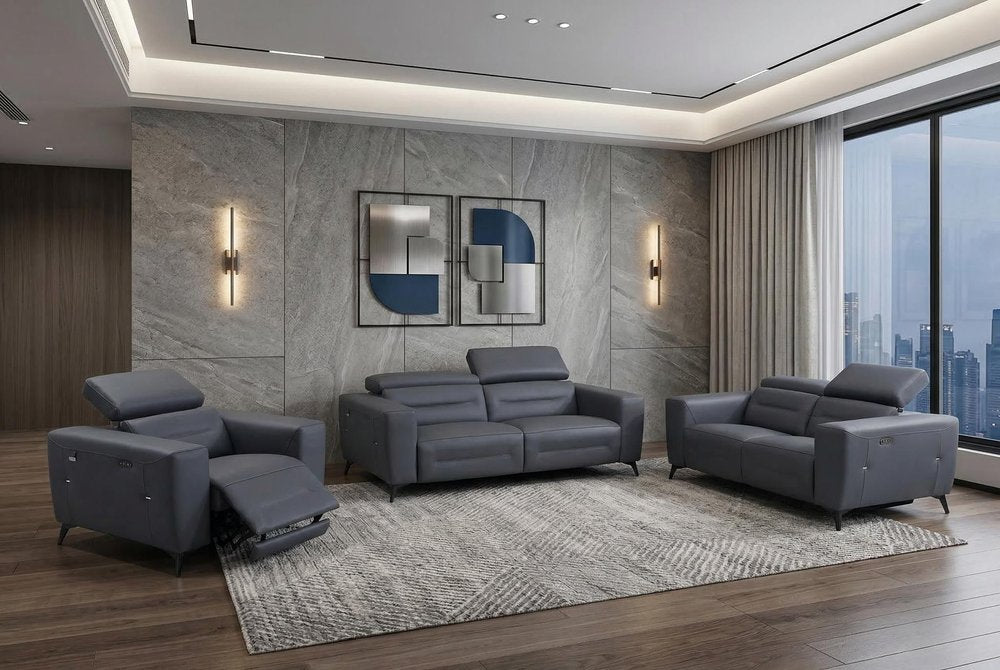Three Piece Indoor Dark Gray Italian Leather Six Person Seating Set