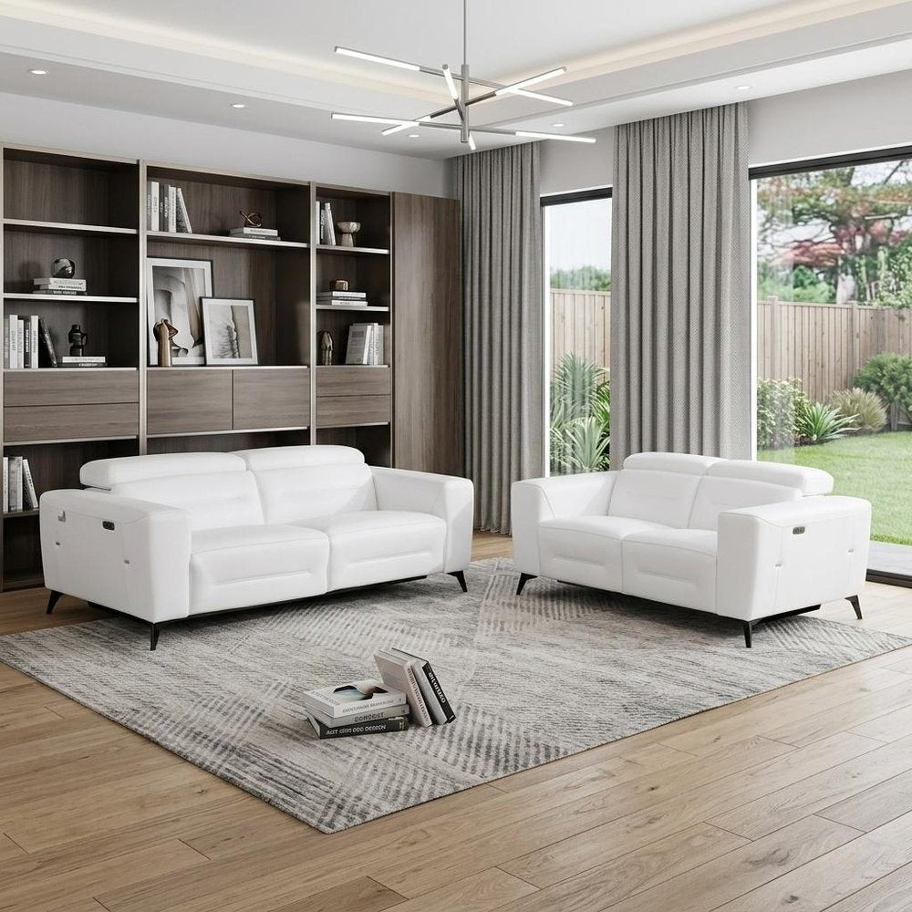 Two Piece White Italian Leather Five Person Seating Set