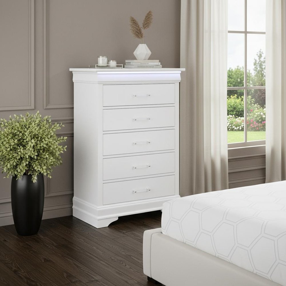 16" Blue Solid Wood Five Drawer Chest With LED Lighting