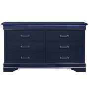 59" Blue Solid Wood Lighted Six Drawer Double Dresser