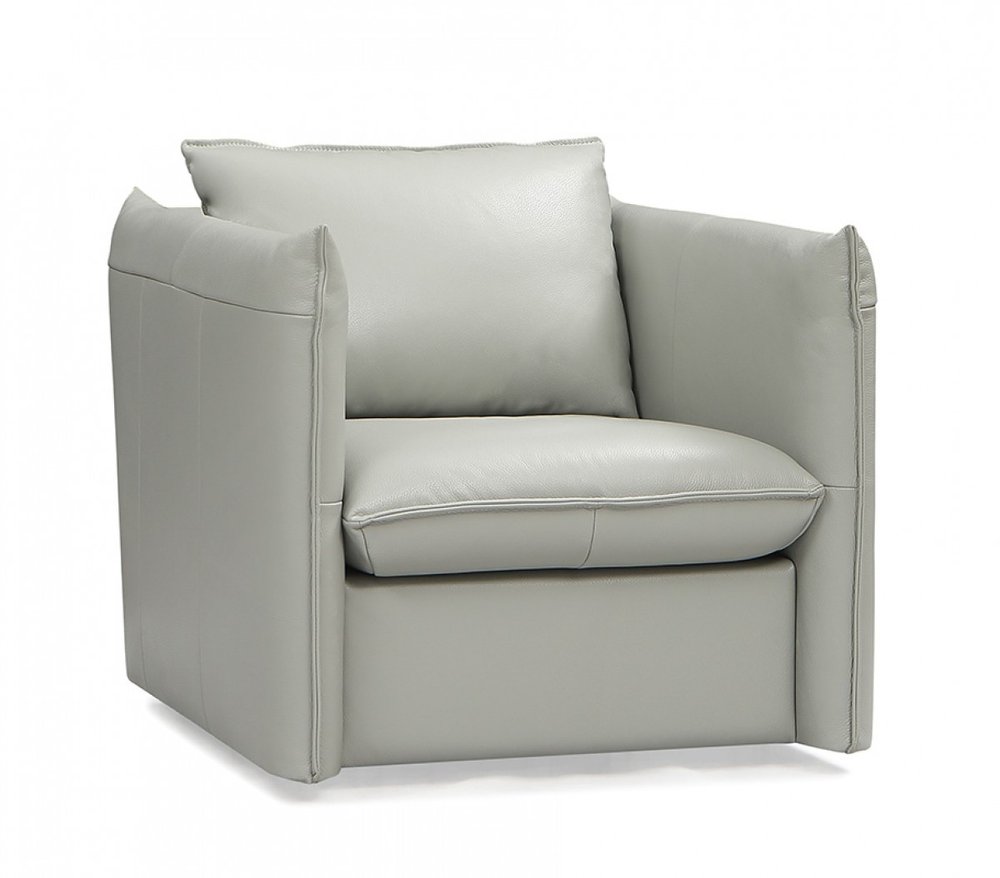 36" Gray And Silver Genuine Leather Swivel Lounge Chair