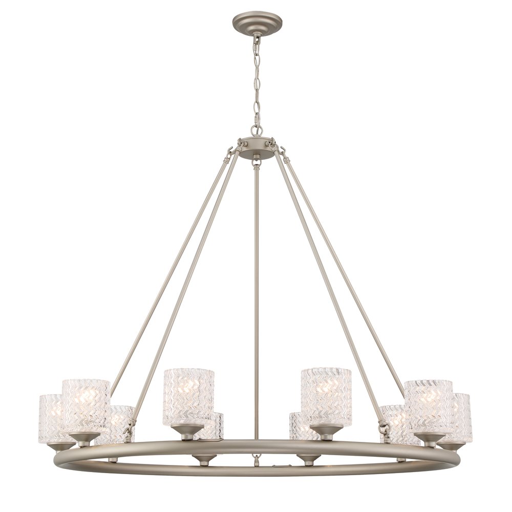 Silver Shaded Ten Light Metal Dimmable Chandelier With White Shades