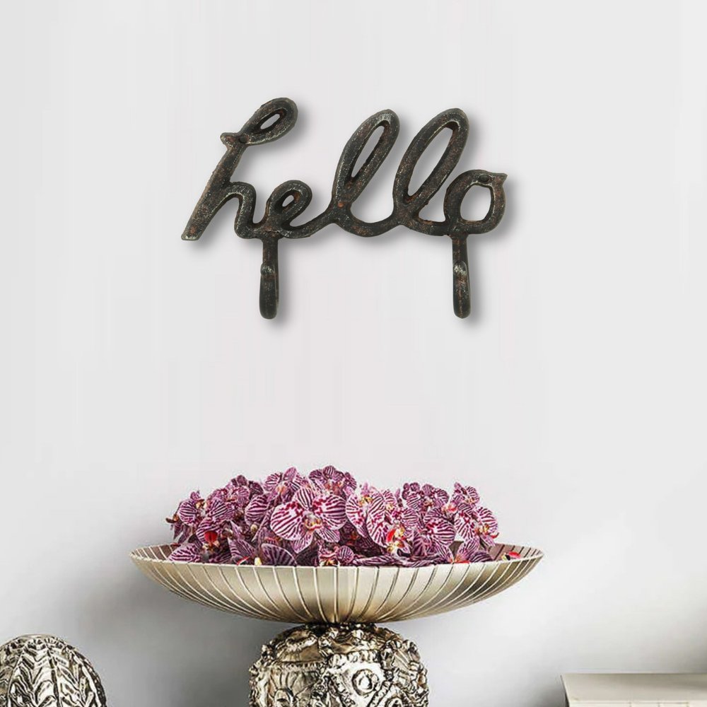 7" X 7" Black Handcrafted Hello Metal With Hooks