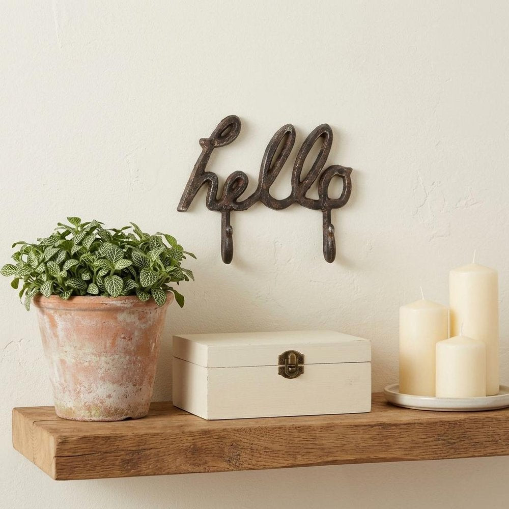 7" X 7" Black Handcrafted Hello Metal With Hooks