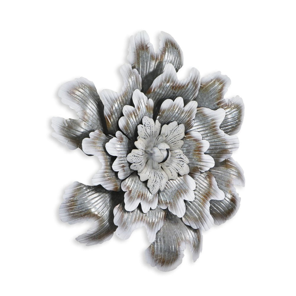 27" X 27" Gray and Off White Galvanized Metal Flower Hanging Dimensional Sculpture
