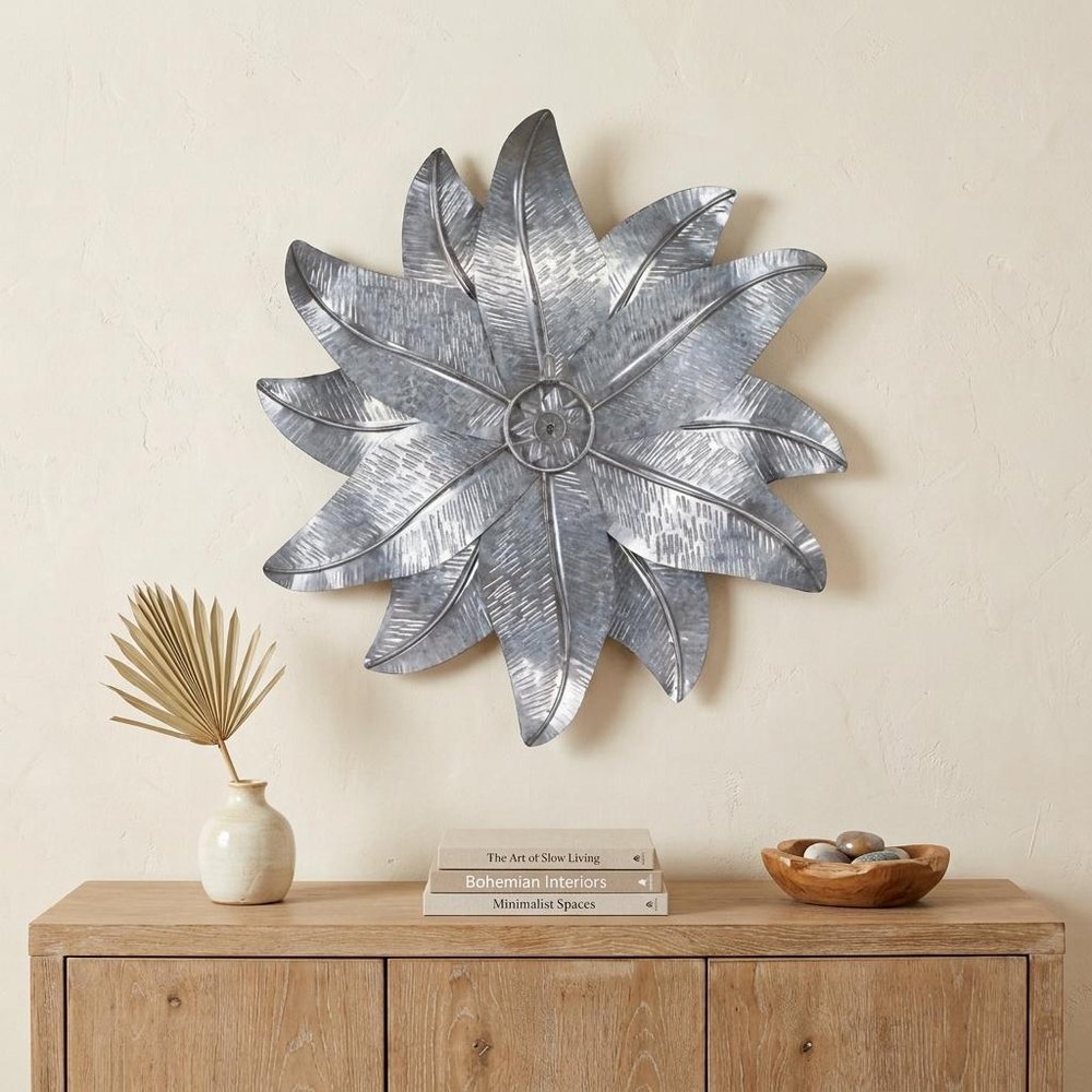 27" X 27" Gray and Off White Galvanized Metal Flower Hanging Dimensional Sculpture