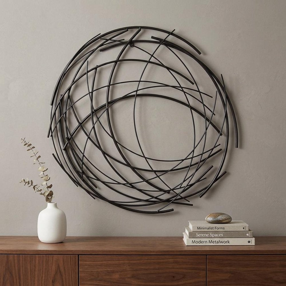 26" X 26" Black Metal Abstract Lines Round Hanging Dimensional Sculpture