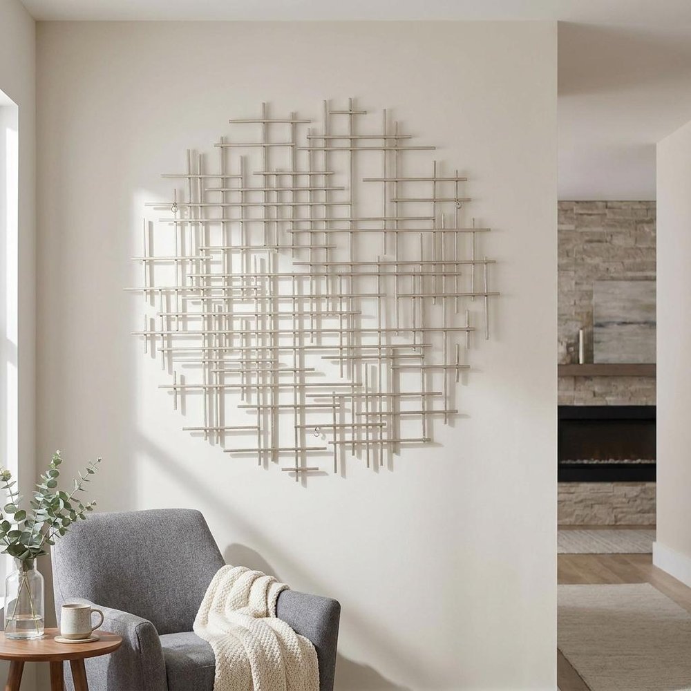 37" X 38" Silver Metal Abstract Lines Round Hanging Dimensional Sculpture
