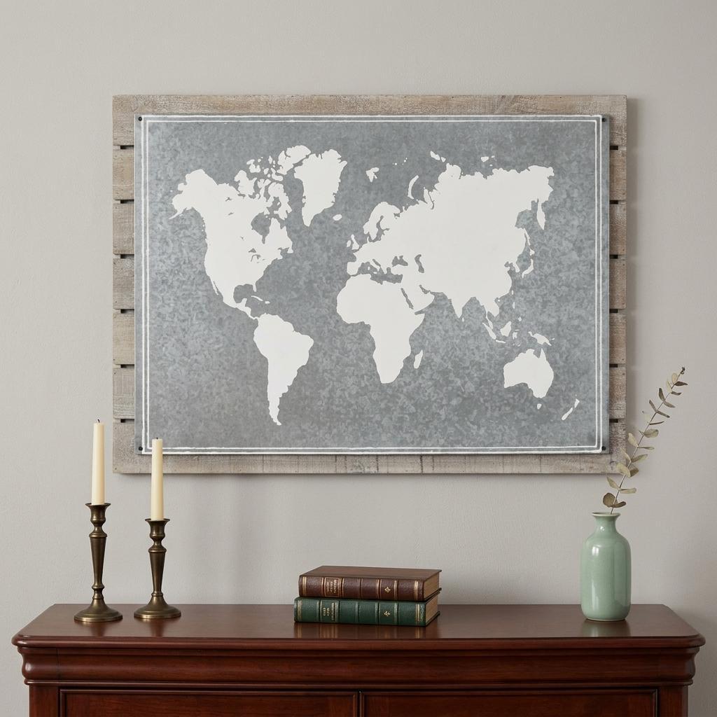 25" X 34" Brown and Gray Wood and Metal World Map Hanging Dimensional Sculpture
