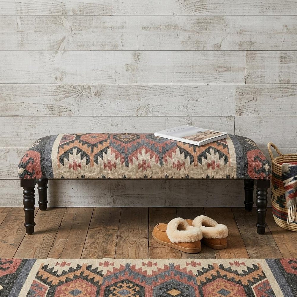 47" Beige Brown and Rust and Black Jute and Wool Blend Upholstered Southwest Distressed Bench