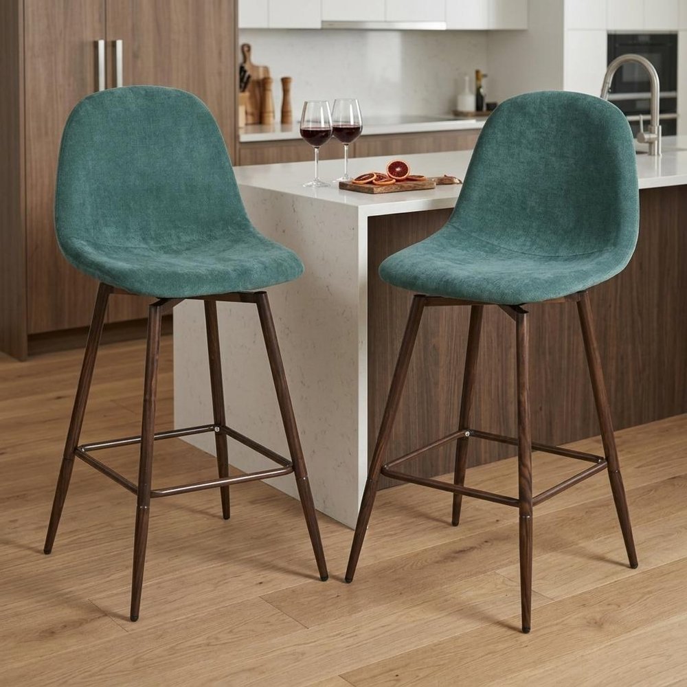 Set of Two 26" Green And Brown Velvet And Steel Counter Height Bar Chairs