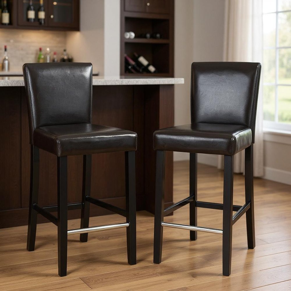 Set of Two 28" Brown and Black Faux Leather and Steel Bar Height Bar Chairs