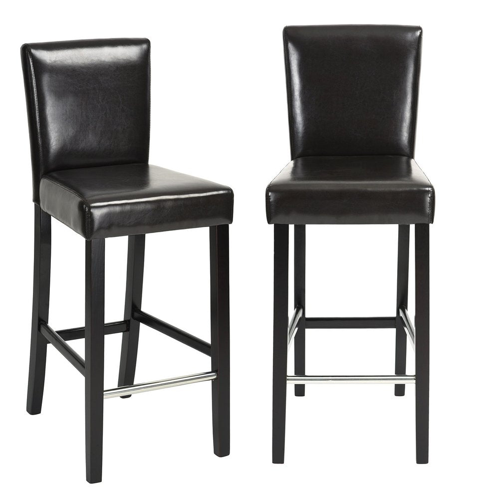 Set of Two 28" Brown and Black Faux Leather and Steel Bar Height Bar Chairs