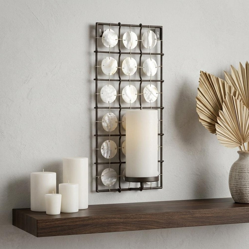 15" Brown And White Geometric Iron Wall Sconce Candle Holder With Candle