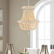 Natural And White Wood Bead Three Light Two Tier Chandelier