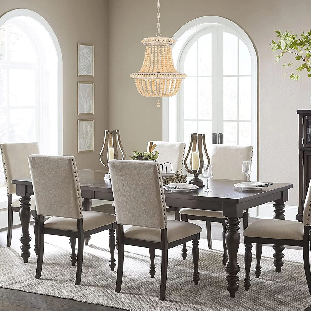 Natural And White Wood Bead Three Light Two Tier Chandelier