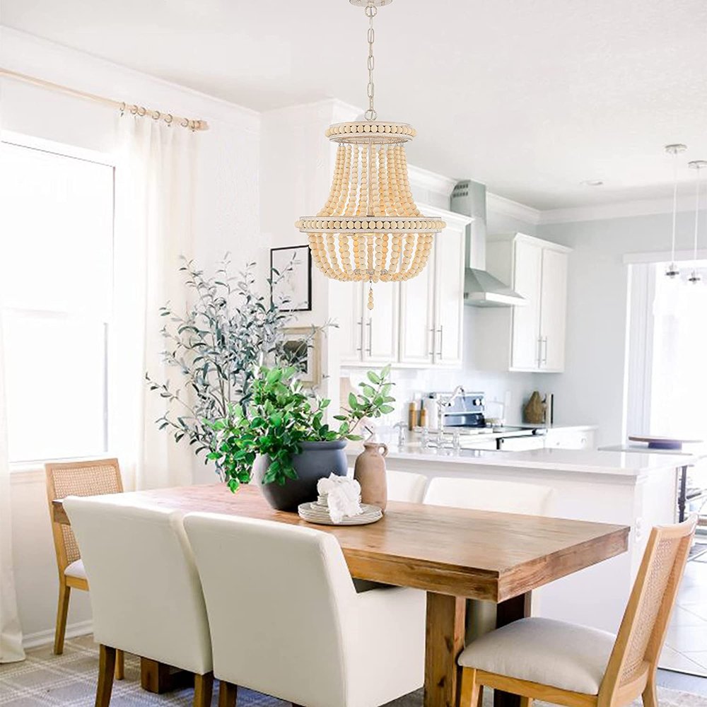 Natural And White Wood Bead Three Light Two Tier Chandelier