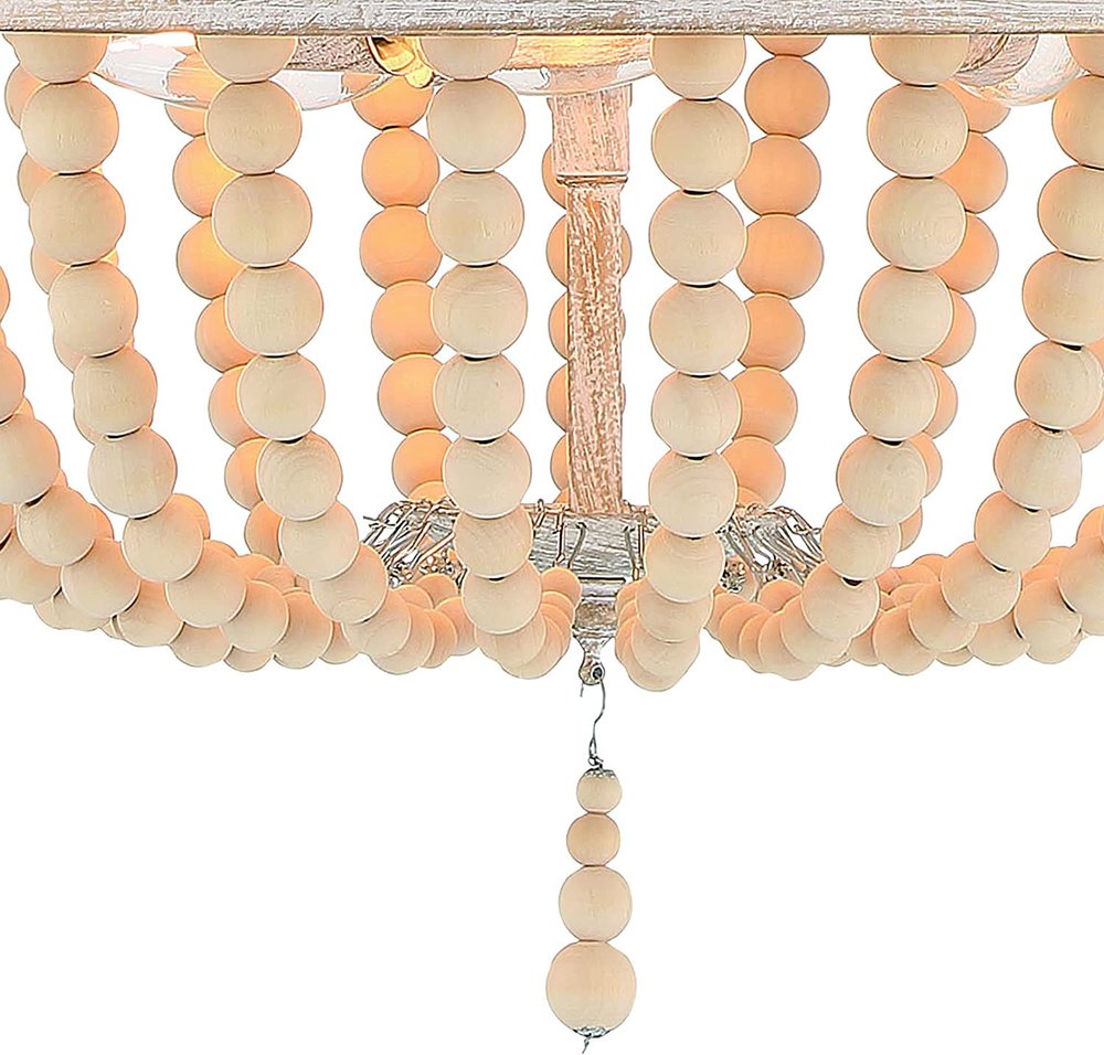 Natural And White Wood Bead Three Light Two Tier Chandelier