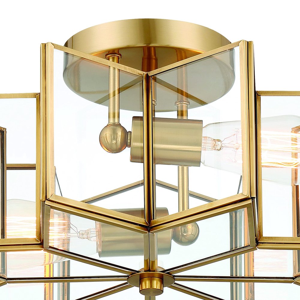Brass Unique Statement Two Light Metal Dimmable Flush Chandelier With Clear Shades