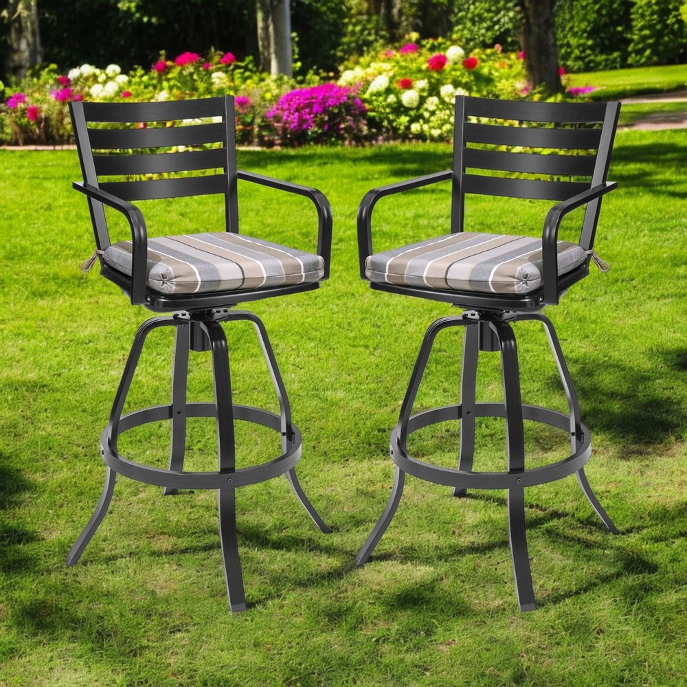 Set of Two 30" Black and Off White Aluminum Swivel Outdoor Bar Height Chairs