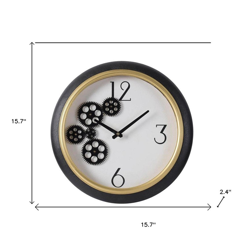 16" Black Gold And White Faux Leather And Iron Analog Exposed Gear Round Wall Clock