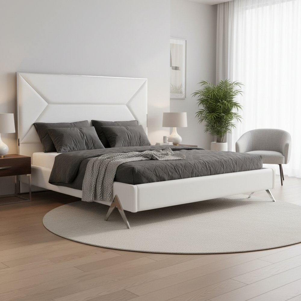 White Tufted Faux Leather Upholstered Queen Bed Frame