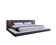 Gray and Walnut Wood And Upholstery Queen Bed Frame With Attached Nightstands