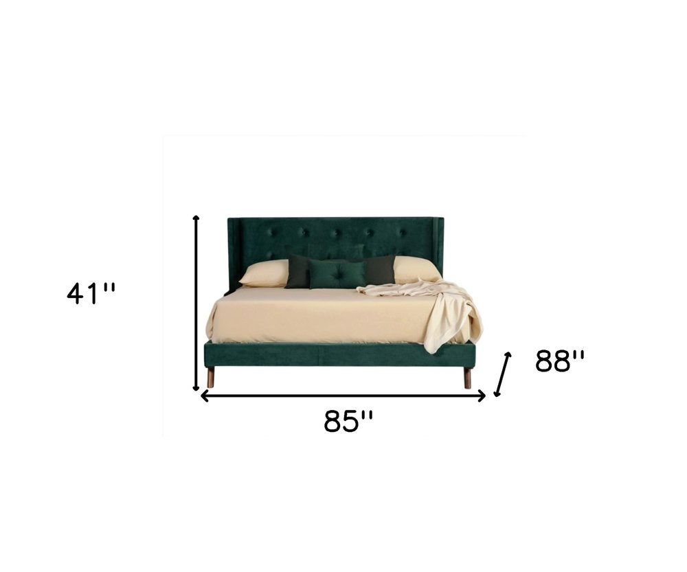Green Wood And Tufted Velvet King Bed Frame