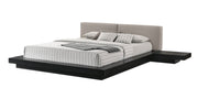 Black and Gray Wood And Faux Leather Queen Bed Frame With Attached Nightstands
