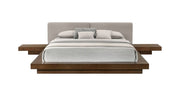 Gray and Walnut Wood And Faux Leather King Bed Frame With Attached Nightstands
