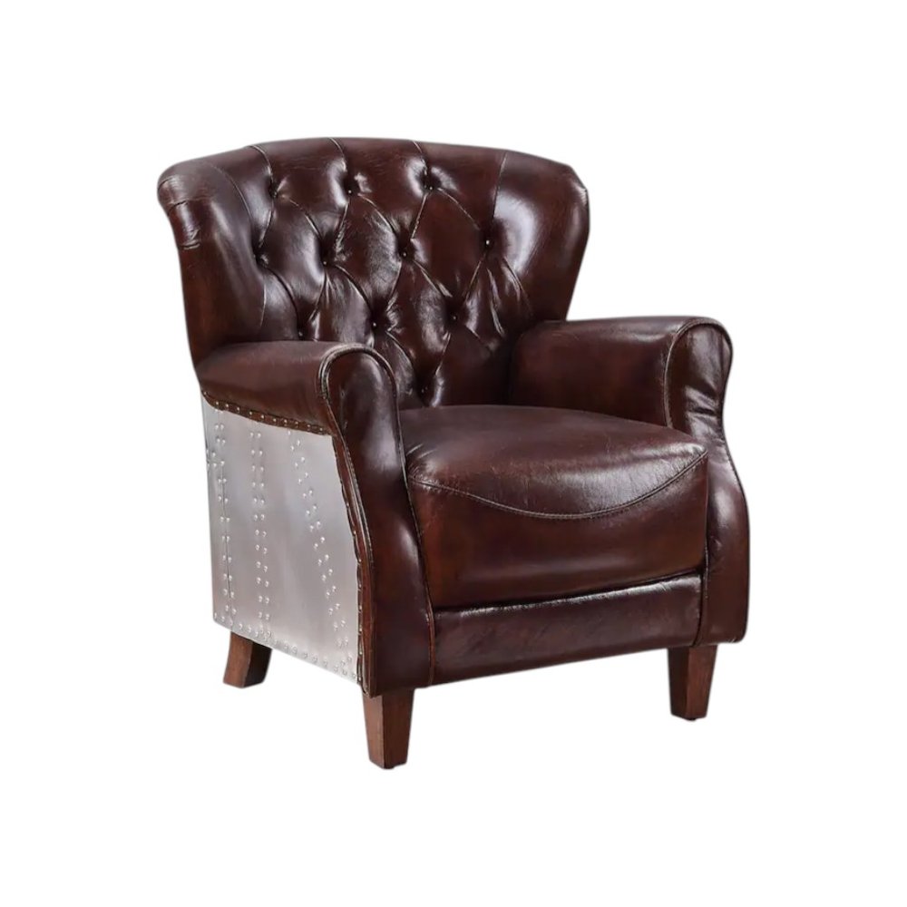 30" Brown and Steel Blue Top Grain Leather Tufted Club Chair