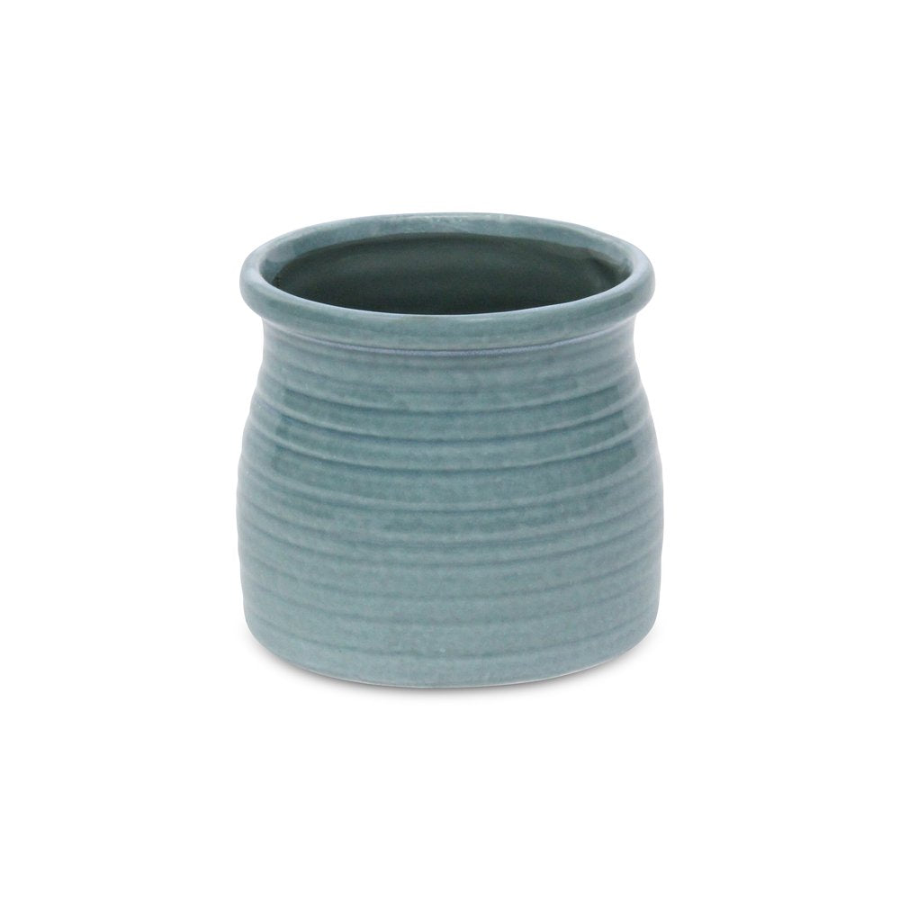 Celadon Ceramic 25 Ounce Striped Round Distressed Pot Planter