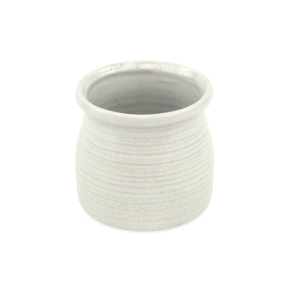 White Ceramic 25 Ounce Striped Round Distressed Pot Planter