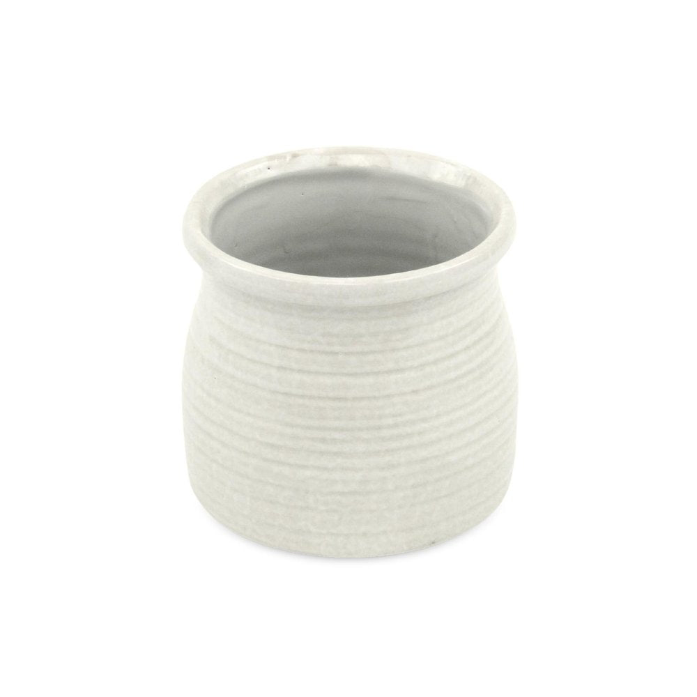 White Ceramic 25 Ounce Striped Round Distressed Pot Planter