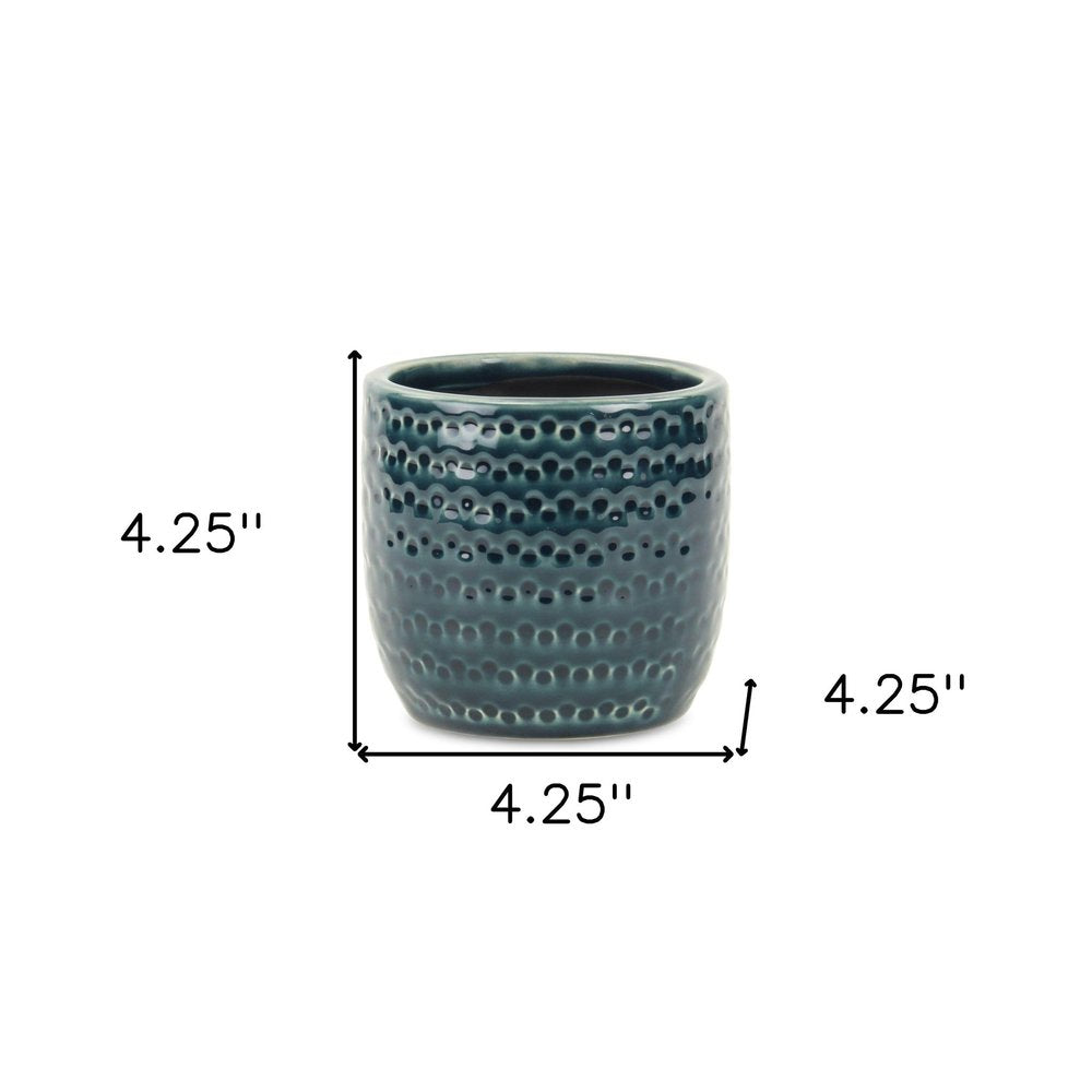 Teal Blue Ceramic 17 Ounce Dotted Round Distressed Pot Planter