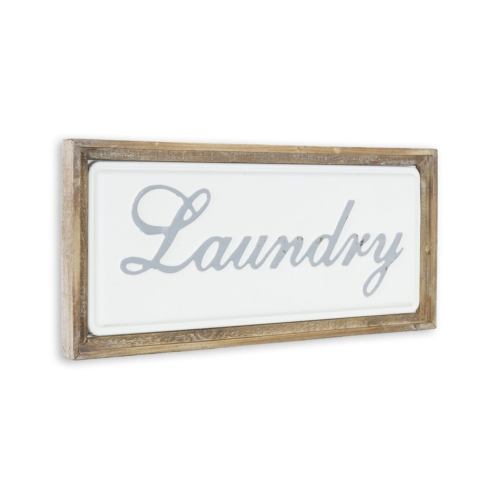 11" X 24" Brown and White Laundry Wood and Metal Wall Decor