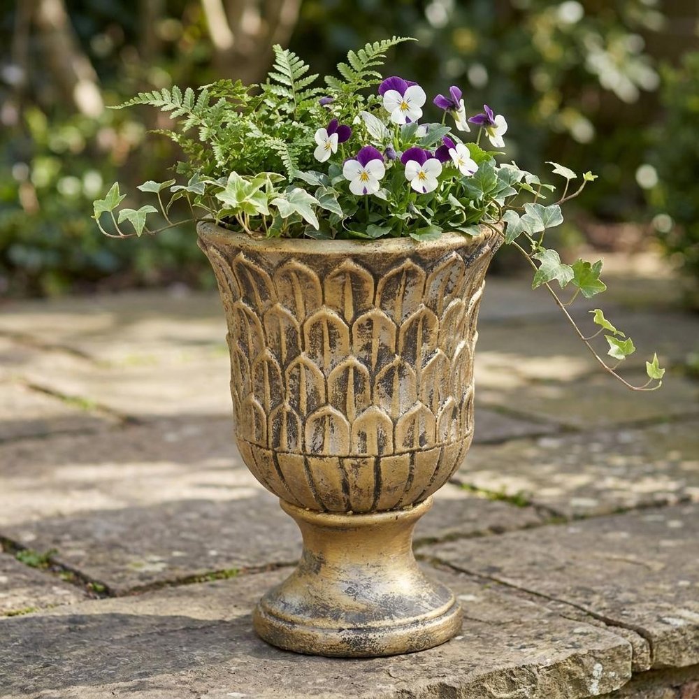 7" Antiqued Brass Textural Tone On Tone Cement Indoor Outdoor Round Urn Planter