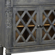 58" Dark Gray Distressed Solid Wood Carved Scrollwork Sideboard with Three Glass Doors