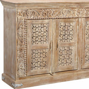 76" Antiqued White Distressed Solid Wood Carved Floral Sideboard with Four Doors