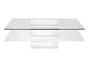 39" Clear and White Glass And Wood Square Pedestal Coffee Table With Shelf