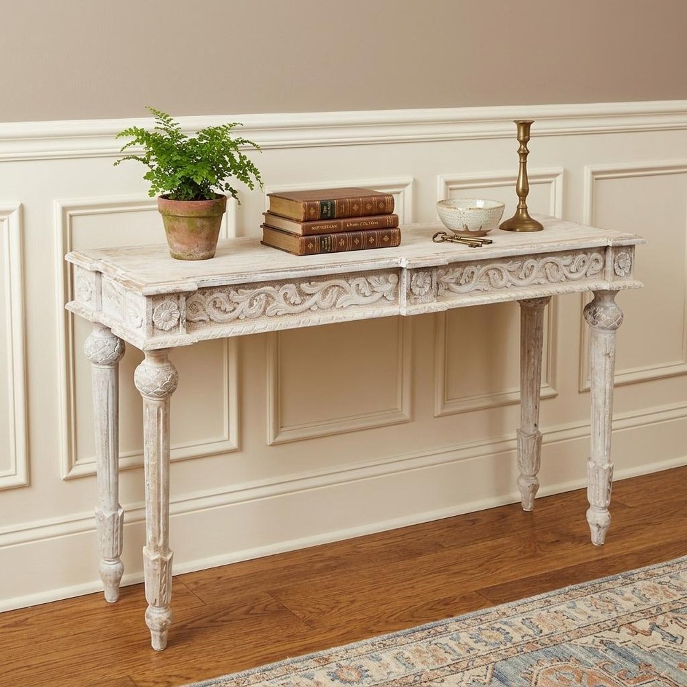 54" White Solid Wood Distressed Console Table