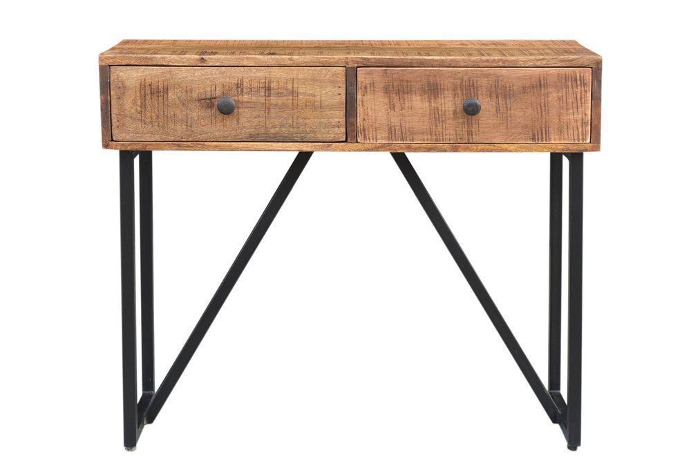 36" Natural and Black Solid Wood and Iron Distressed Frame Console Table With Two Drawers