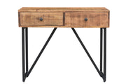 36" Natural and Black Solid Wood and Iron Distressed Frame Console Table With Two Drawers