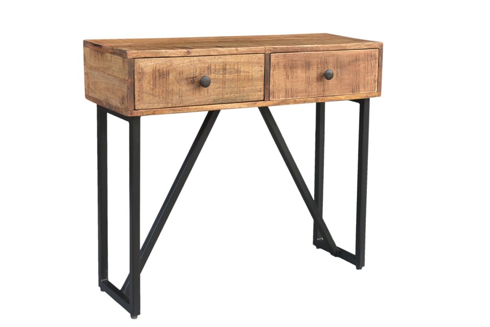 36" Natural and Black Solid Wood and Iron Distressed Frame Console Table With Two Drawers