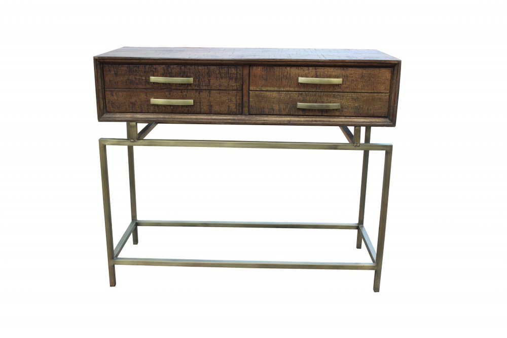 36" Brown and Brass Solid Wood Distressed Frame Console Table With Storage