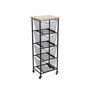 41" Black And Natural Metal And Wood Basket Storage Rolling Cabinet