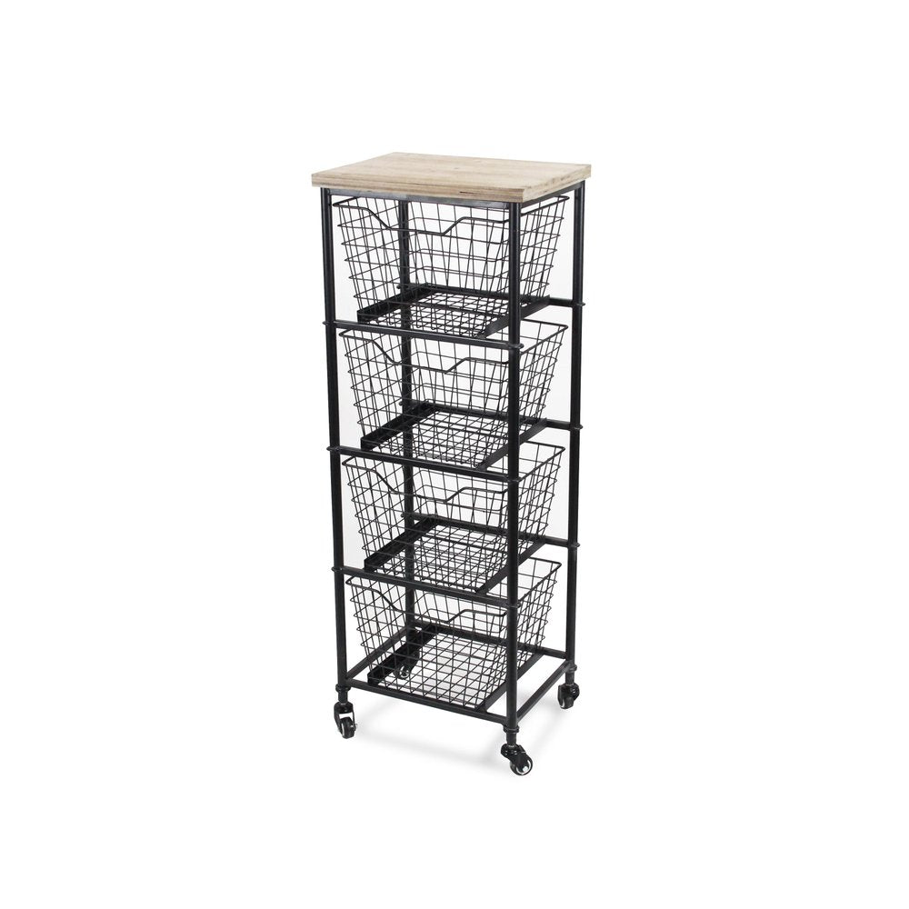 41" Black And Natural Metal And Wood Basket Storage Rolling Cabinet