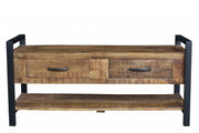 46" Natural and Black Metal Distressed Solid Wood Storage Bench with Drawers